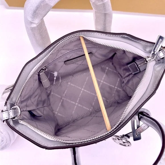 Michael Kors Avril Small Metallic Studded Patchwork Satchel Crossbody Silver